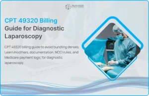 CPT 49320 billing guide for diagnostic laparoscopy showing a surgeon performing a laparoscopic abdominal procedure in an operating room.