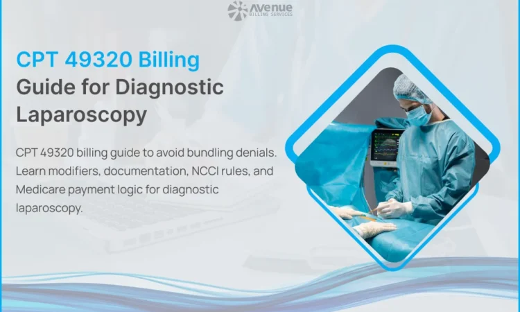 CPT 49320 billing guide for diagnostic laparoscopy showing a surgeon performing a laparoscopic abdominal procedure in an operating room.