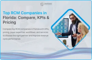 Top RCM companies in Florida comparison showing KPIs, pricing, and revenue cycle management services with business professionals analyzing data