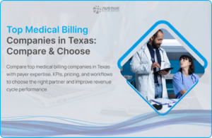 Top medical billing companies in Texas comparison with healthcare professionals reviewing data, KPIs, and billing performance
